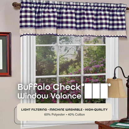 Buffalo Check Valance Window Curtains - 58 Inch Width, 14 Inch Length - Navy Blue & Ivory White Plaid - Light Filtering