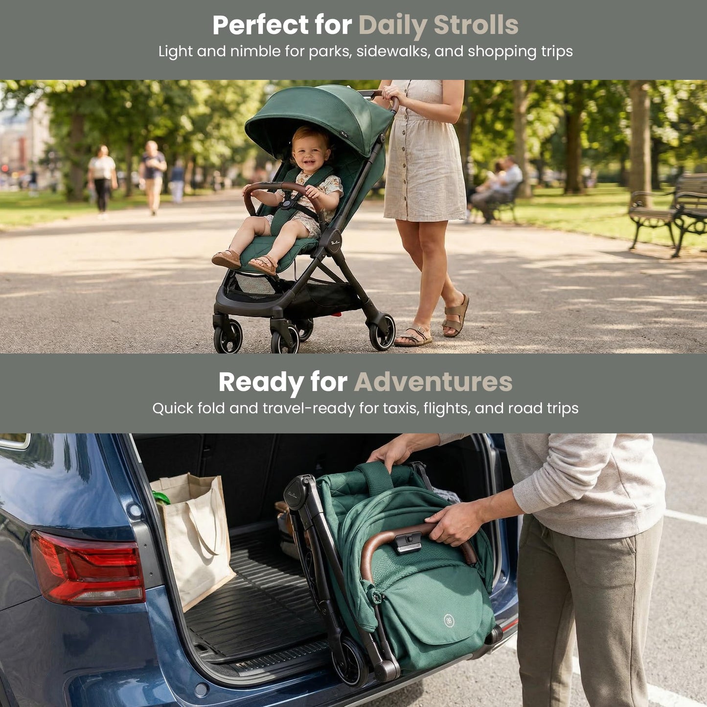 Silver Cross Clic Compact Travel Stroller – (Conifer) – Lightweight Baby Stroller for Airplane Travel – One-Hand Fold, Lie-Flat Infant & Toddler Seat – Birth to 55 lb