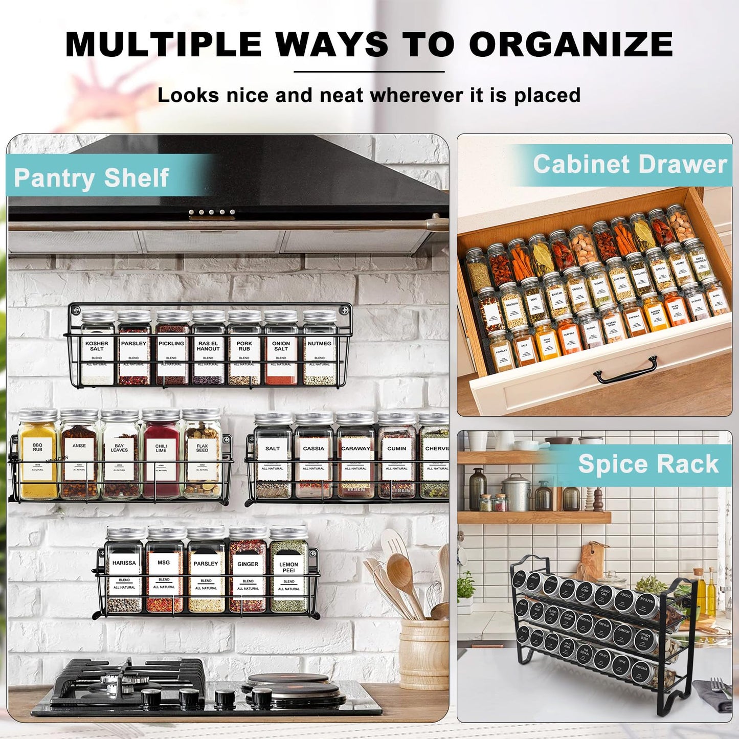 AISIPRIN 24 Pcs Glass Spice Jars with 398 Labels, 4oz Empty Square Spice Containers Seasoning Bottles - Shaker Lids, Funnel, Brush and Marker Included(Black Metal Caps)