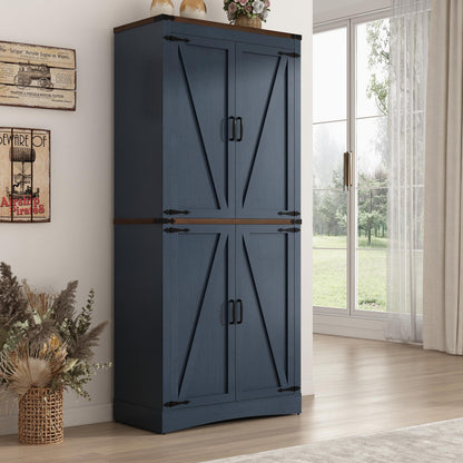 Hlivelood 71" Tall Kitchen Pantry,Farmhouse Storage Cabinet with Adjustable Shelves,Load-Bearing Steel Pipe,Farmhouse Pantry Cabinet with 4 Barn Doors,for Kitchen,Dining Room,Living Room(Blue)