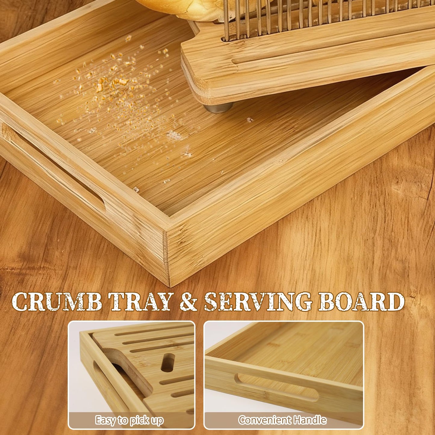 Bamboo Bread Slicer for Homemade Bread by Forest Manor - Adjustable Width Stainless Steel Slicing Guides & Crumb Tray -Sourdough Bread, Cakes, Loaves, Bagel Slicer - Kitchen Baking Tools & Gifts