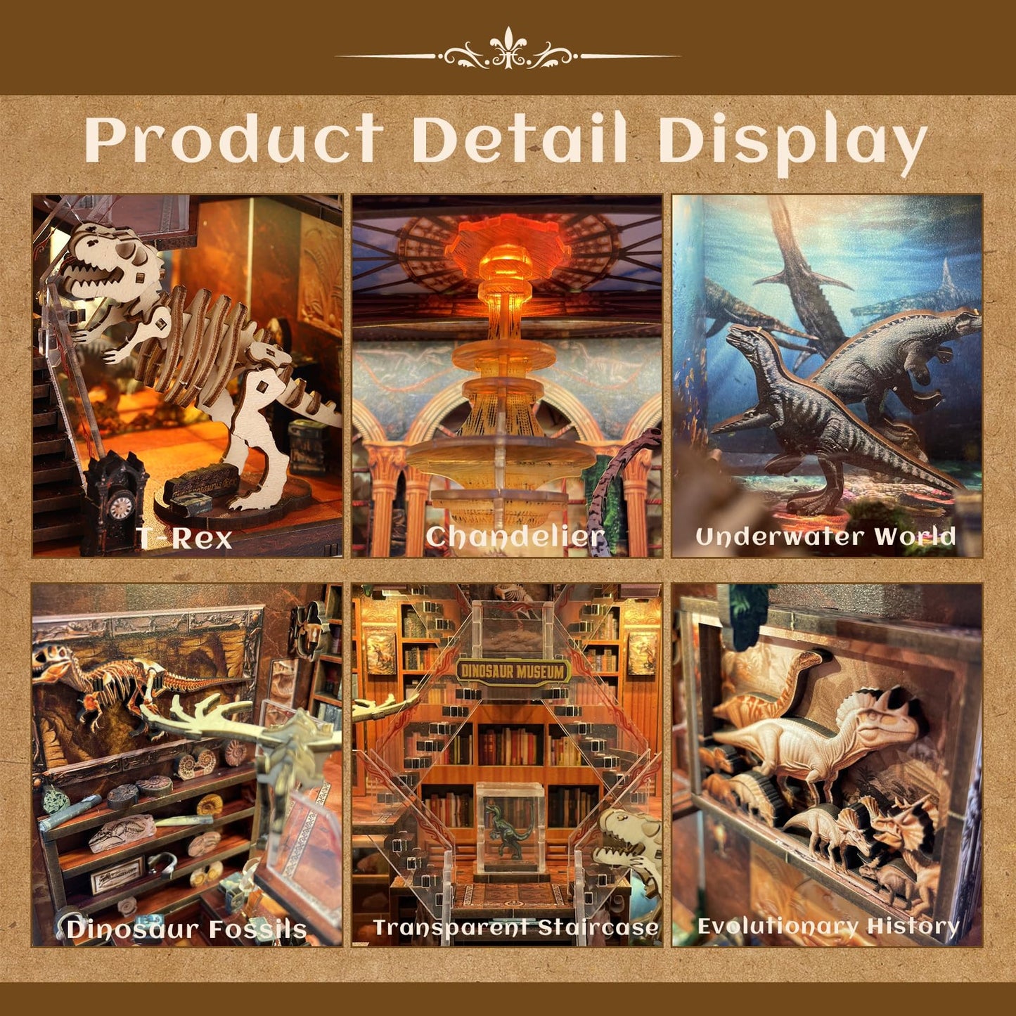 Book Nook Kit - DIY 3D Wooden Puzzle Miniature House with LED Lights - Creative Crafts for Adults - Bookshelf Insert Decor - Educational Gift for Family & Friends（Dinosaur Museum）