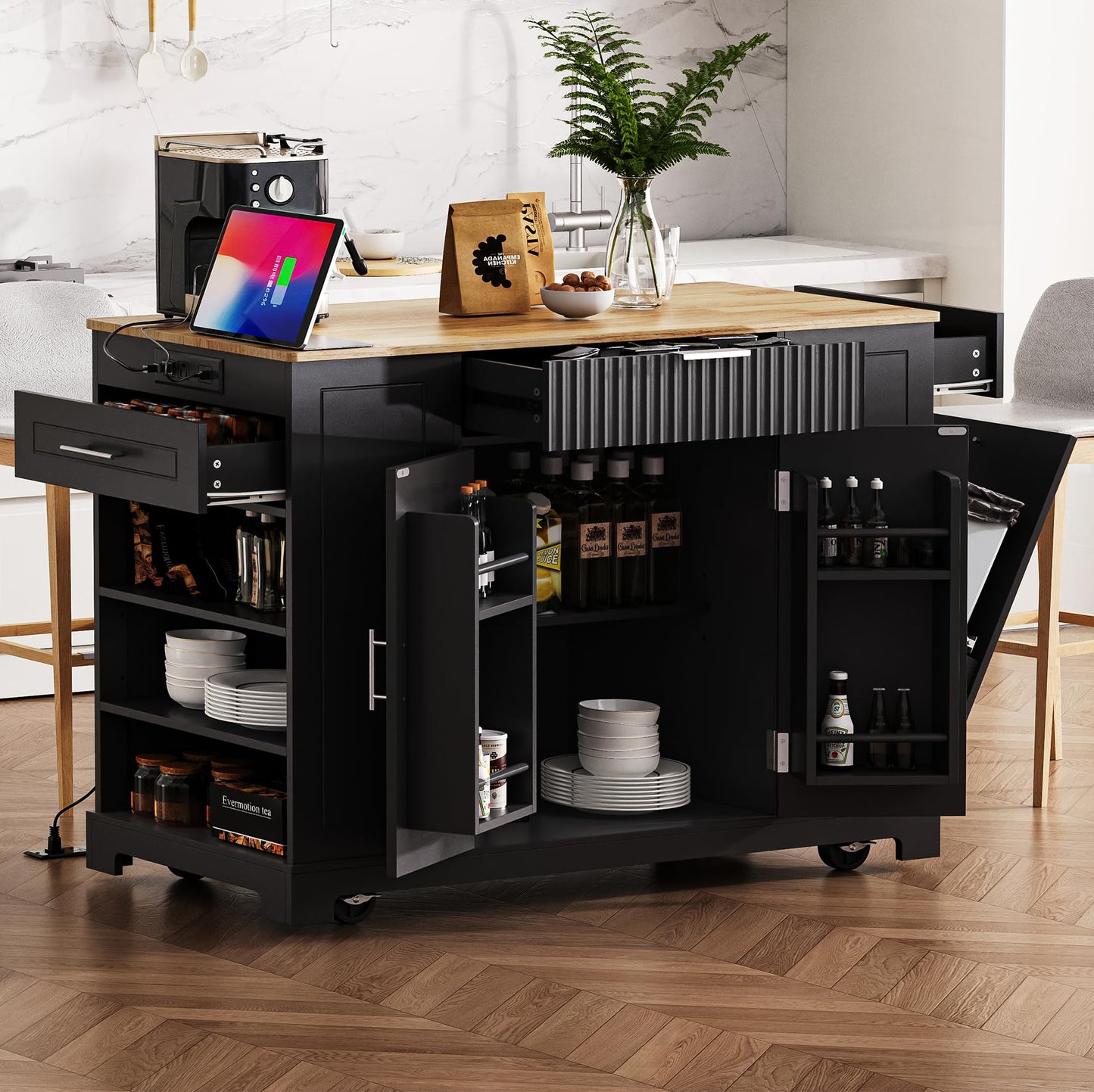Ball & Cast Fluted Kitchen Island with Trash Can Storage Cabinet,Power Outlet,Internal Storage Rack,Rolling Kitchen Islands On 5 Wheels W/3 Drawers & 3 Open Side Racks for 10 Gallon Garbage Bin,Black