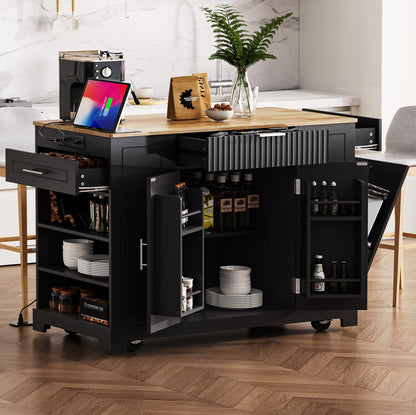 Ball & Cast Fluted Kitchen Island with Trash Can Storage Cabinet,Power Outlet,Internal Storage Rack,Rolling Kitchen Islands On 5 Wheels W/3 Drawers & 3 Open Side Racks for 10 Gallon Garbage Bin,Black
