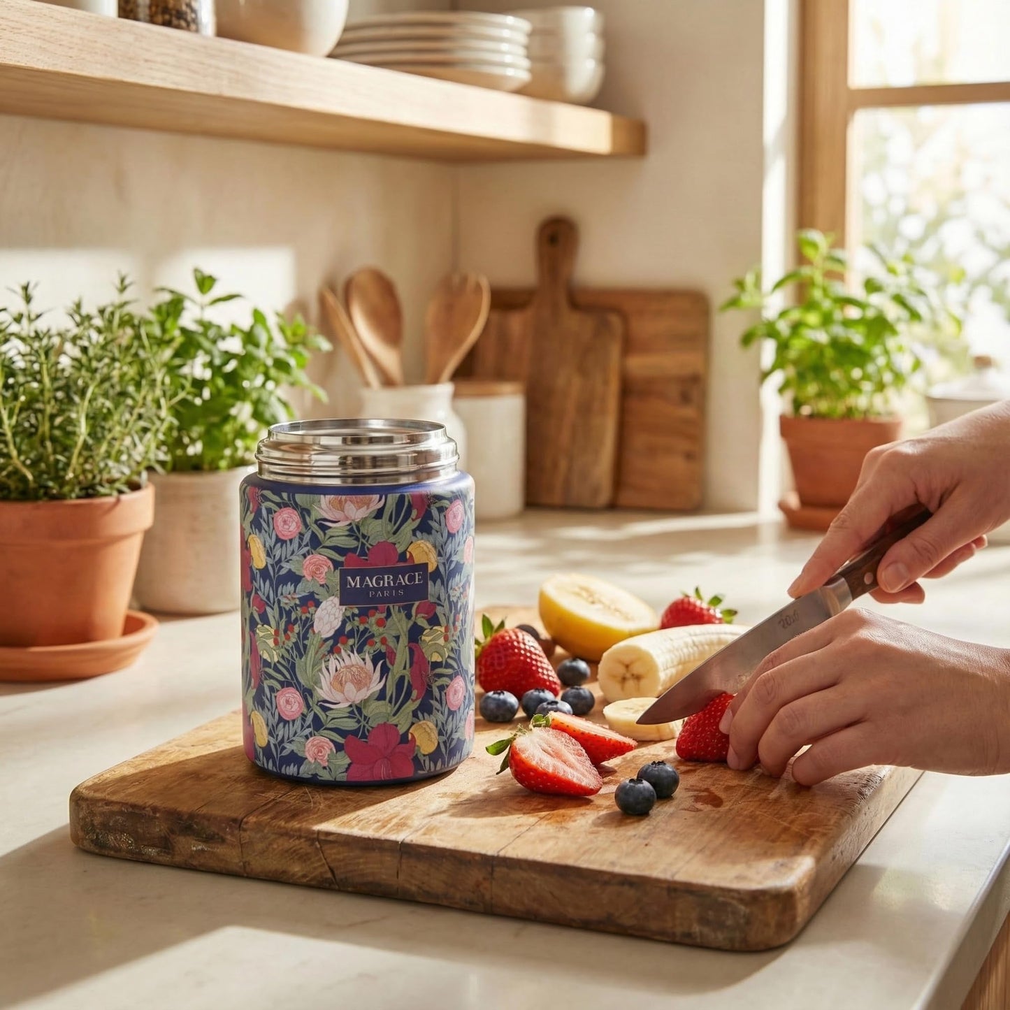 MAGRACE Vaccum Insulated Food Jar - Boho Floral Thermal Lunch Container for Office Outdoor Hot & Cold Meals, Wide Mouth Thermo for Adult, W/Foldable Spoon (Tropical)