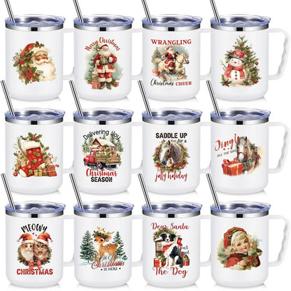 Umigy 12 Pcs Christmas Coffee Mug Employee Appreciation Gift Bulk Christmas 17oz Tumbler with Handle Vacuum Stainless Steel Insulated Xmas Cup for Coworker Nurse Teacher(White,Nostalgic Style)