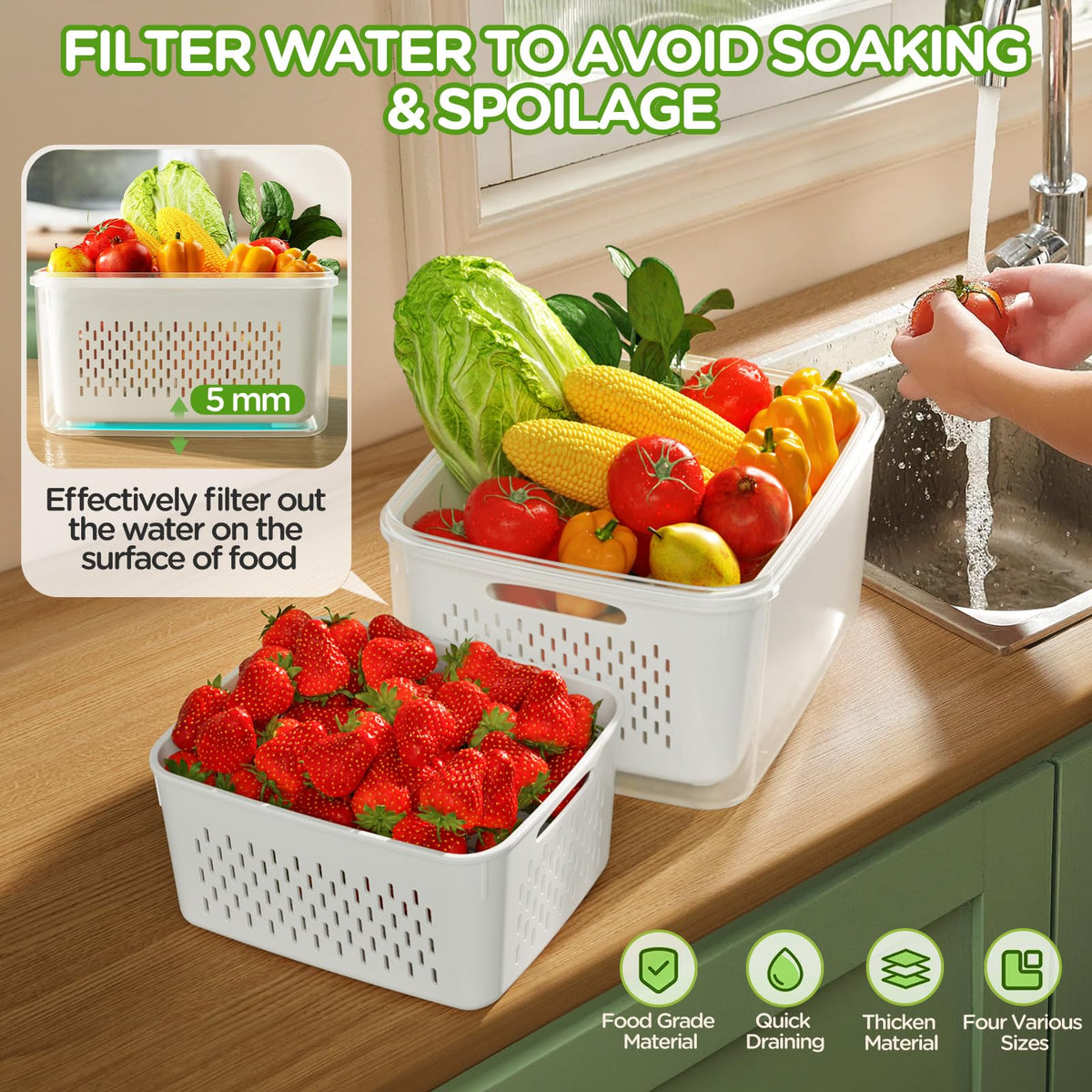 4 PCS Fruit Storage Containers for Fridge, Produce Containers for Fridge with Removable Colander, All-In-One Fruit Washing Bowl with Strainer Microwave/Dishwasher Safe for Salad Berry Lettuce Keeper