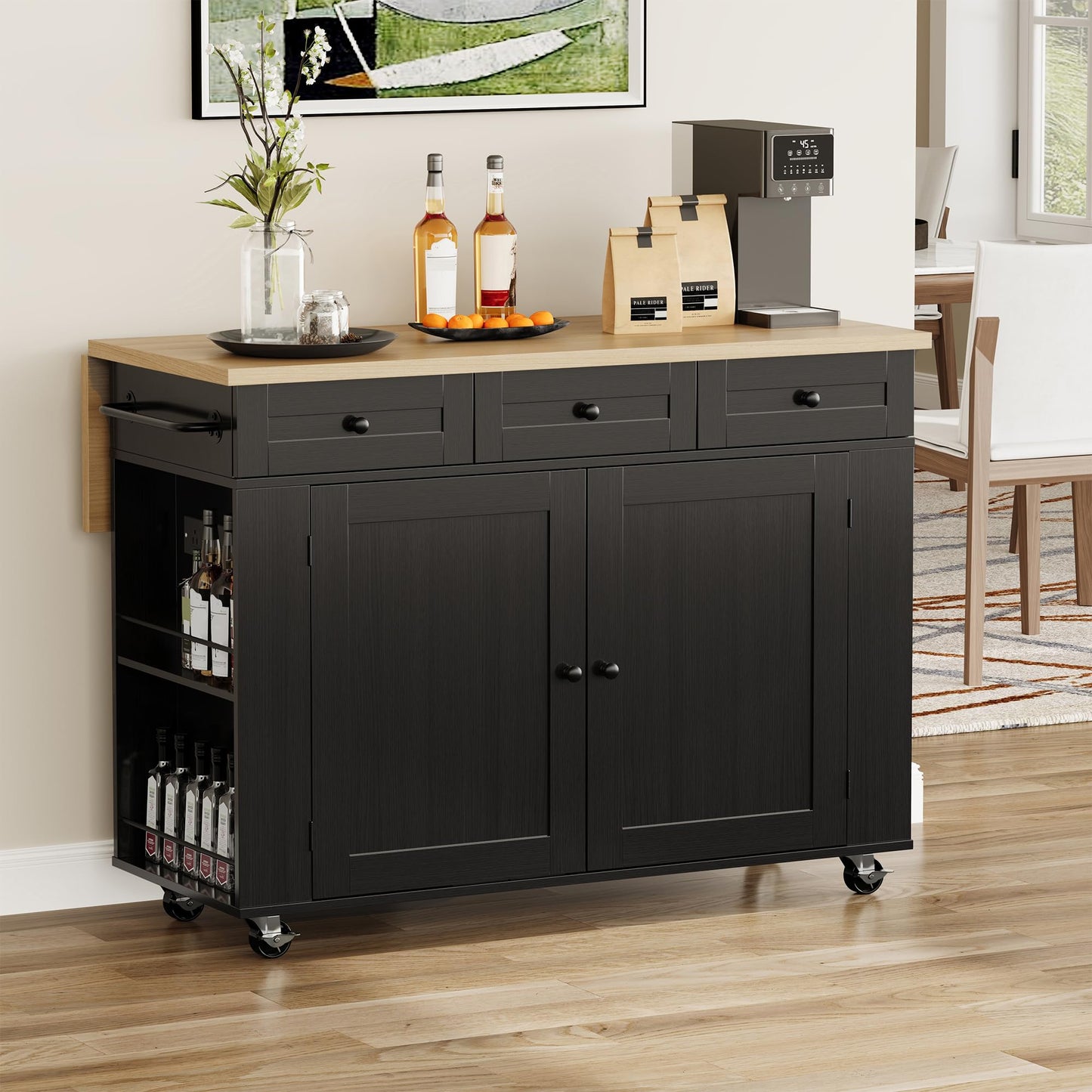 Garvee Rolling Kitchen Island Cart with Power Outlet & Drop Leaf, Kitchen Storage Cabinet On Wheels with 3 Drawers, Spice Rack & Towel Rack, Mobile Island Table for Kitchen