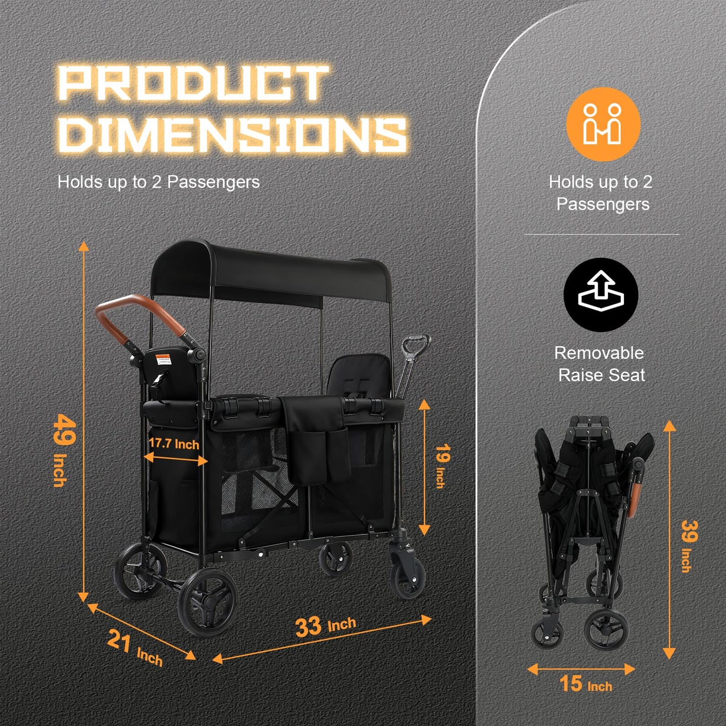 Wagon Stroller for 2 Kids, Foldable All-Terrain Wagon for Kids with Canopy, Adjustable Push and Pull Handles,Convertible High Seat & Organizer, 5 Point Harness (Black)