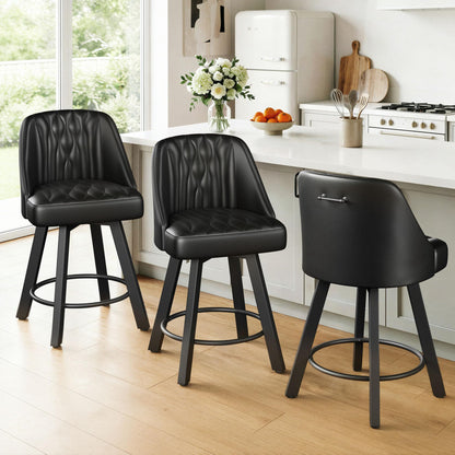 Memobarco Swivel Bar Stools with Backs, 26 Inches Counter Height Bar Stools Set of 3, PU Leather Upholstered Counter Barstools with Metal Legs and Footrest for Kitchen Island, Home Bar, Black