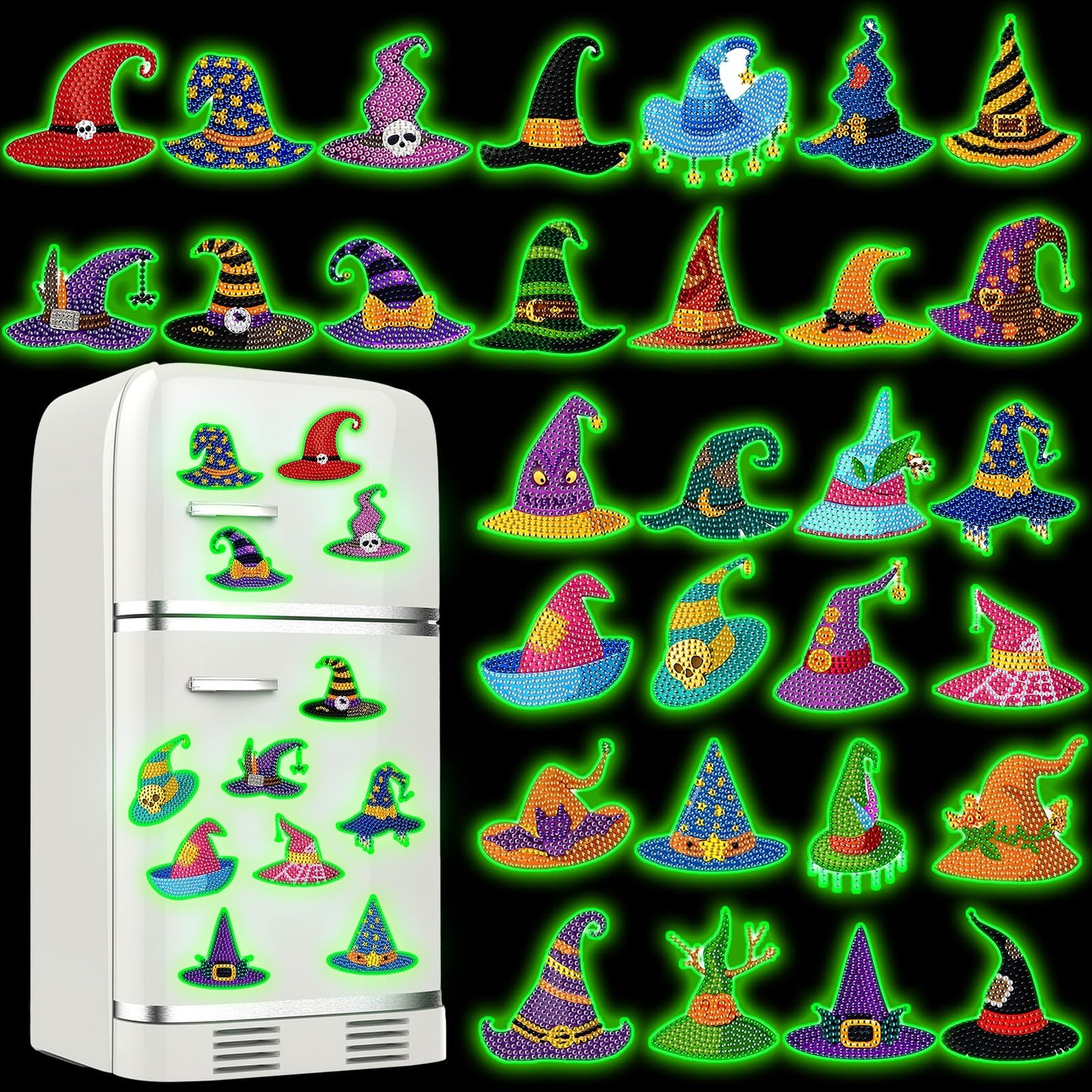 Motipuns 30 Pcs Halloween Diamond Painting Magnets Kits Glow in The Dark Witch Hat Diamond Art Fridge Magnet Refrigerator Sticker for Beginners Kid Adults Home Decors DIY Art Craft Gifts