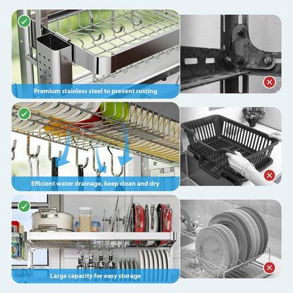 Shrivee Over The Sink Dish Drainer Drying Rack, Full Stainless Steel 3-Tier Adjustable Length Over Sink Dish Drying Rack, Large Capacity Dish Rack Over Sink for Kitchen Counter, Pots & Pans Rack