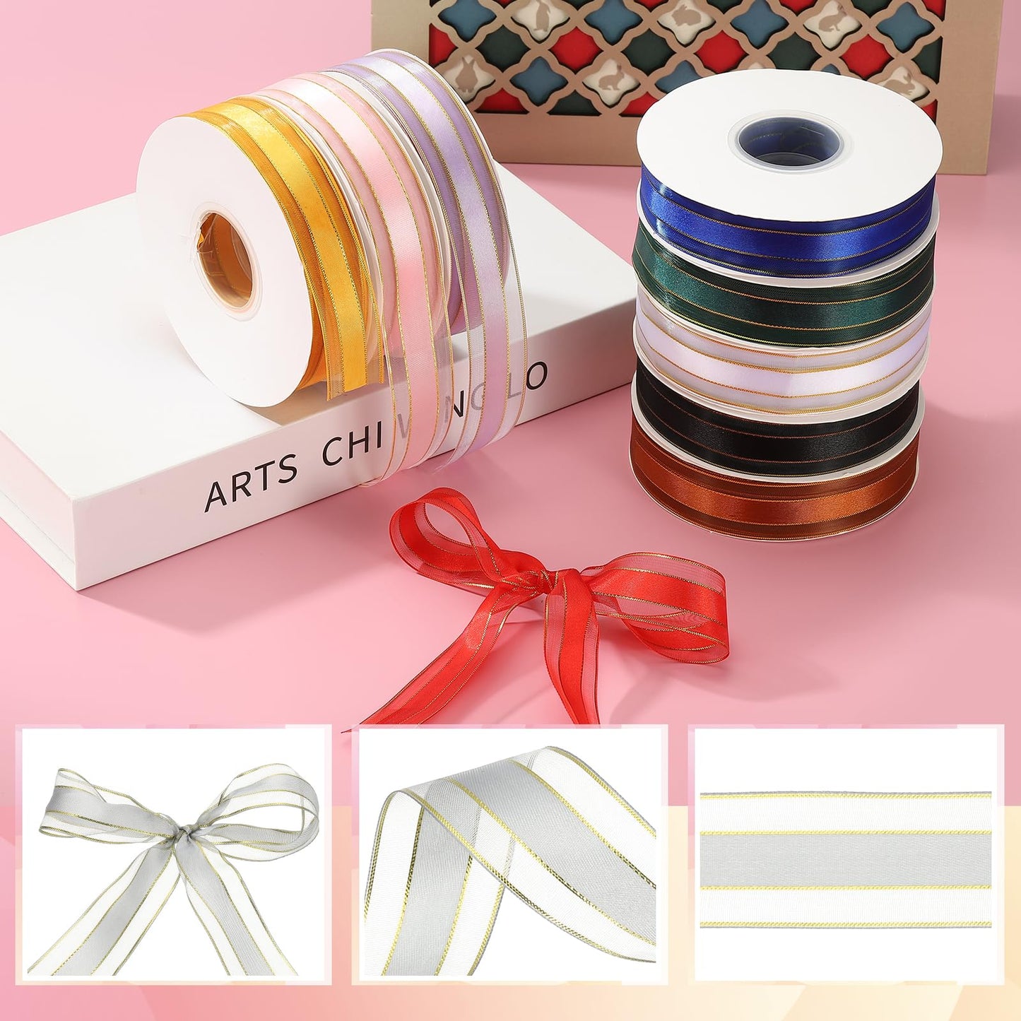 PATIKIL 100 Yards x 1" Organza Chiffon Gold Edge Ribbon, Gold and Gray Candy Satin Striped Sheer Craft Ribbons for Bows Making, Gift Wrapping, Wreath, Birthday Wedding Decoration