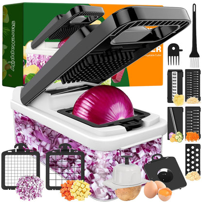 StoreHappily 12-in-1 Vegetable Chopper, 7 Blades Veggie Chopper with Container and Lid, Dicer, Slicer, Multifunctional Kitchen Gadgets, Vegetable Cutter with Handle, Onion Cutter(Black/White)