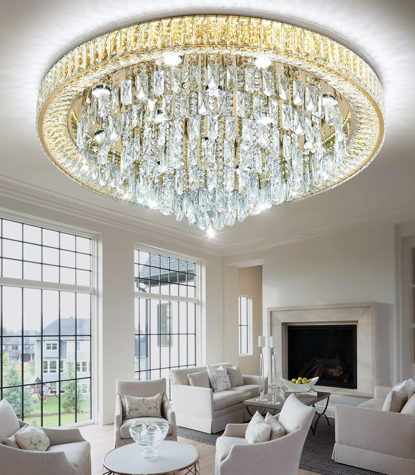 dolria Modern Crystal Large Chandeliers LED Dimmable Flush Mount Ceiling Chandeliers for Living Room High Ceiling Entrance Foyer Bedroom