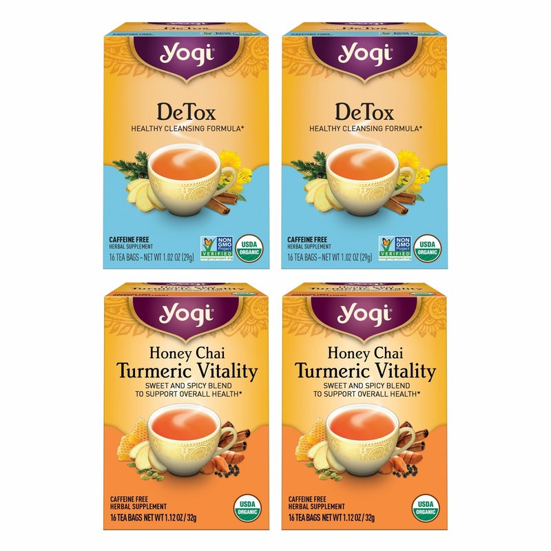 Yogi Tea DeTox and Wellness Variety Pack 4pk - 16 Bags per Pack (4 Pack) - Organic Herbal Cleansing Teas - Includes (2 Boxes Each) of Honey Chai Turmeric Vitality & DeTox - Caffeine-Free Teas