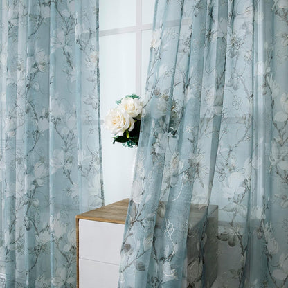 Tollpiz Blue Floral Sheer Curtains, Flower Print Vine Embroidery, 54 x 63 inches, Set of 2 Panels for Bedroom & Living