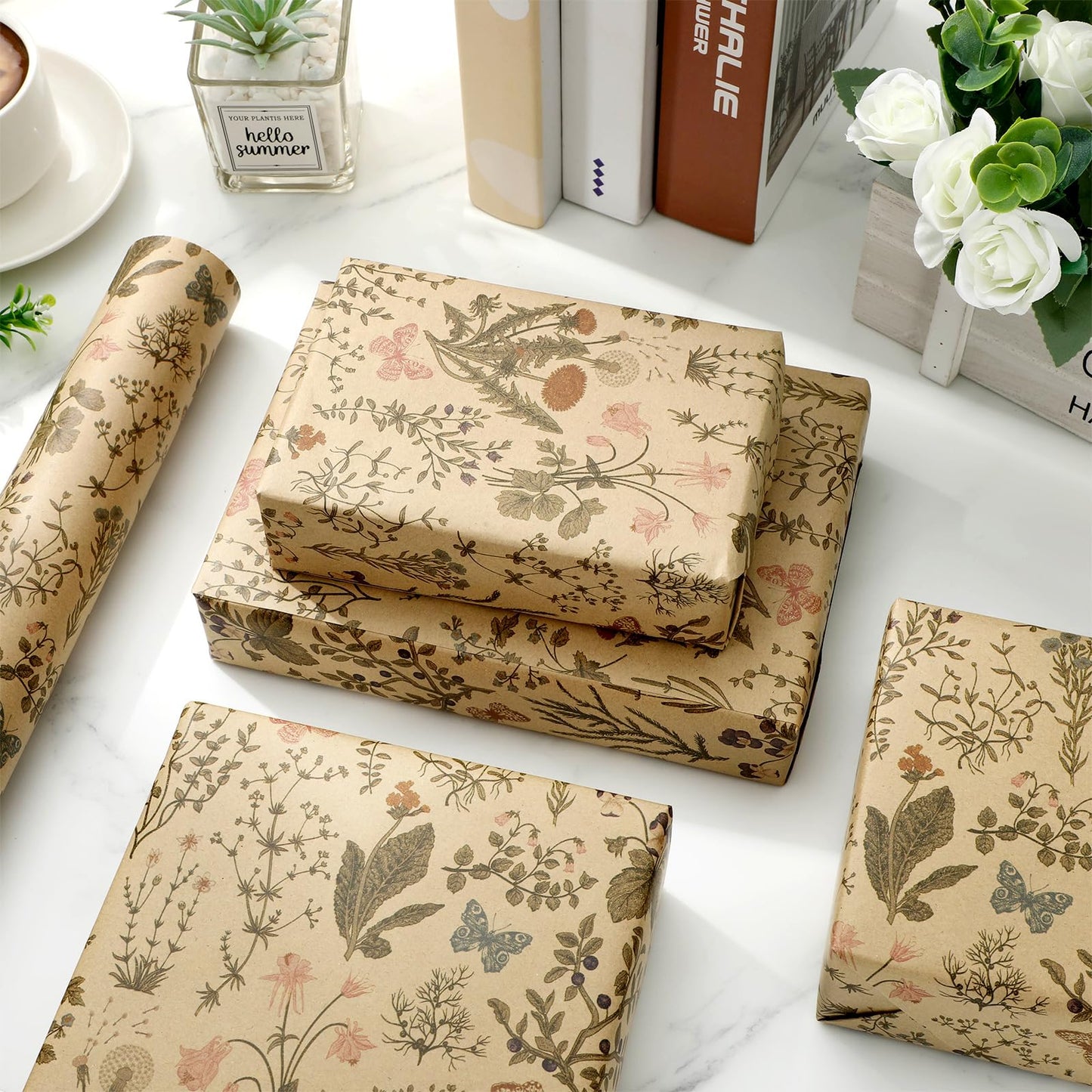 JarThenaAMCS Vintage Wildflower Kraft Wrapping Paper -Mini Roll- 17In x 32.8Ft Green Brown Floral Gift Wrap Paper Craft Paper for Spring Birthday Wedding Bridal Baby Shower Party Packing Supplies