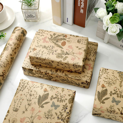 JarThenaAMCS Vintage Wildflower Kraft Wrapping Paper -Mini Roll- 17In x 32.8Ft Green Brown Floral Gift Wrap Paper Craft Paper for Spring Birthday Wedding Bridal Baby Shower Party Packing Supplies