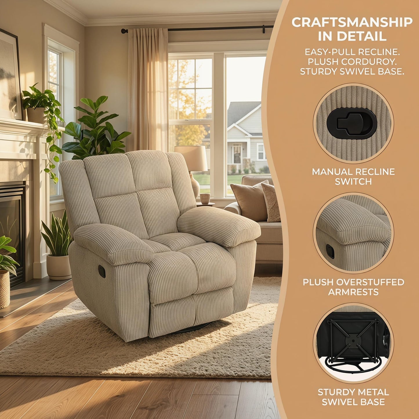 Trygoal Manual Recliner Chair, Nursery Rocking Chair, Lazy Boy Recliner Chair for Adults, Gaming Recliner wih Overstuffed Arms, Suitable for Home Theater, Living Room, Bedroom, Beige