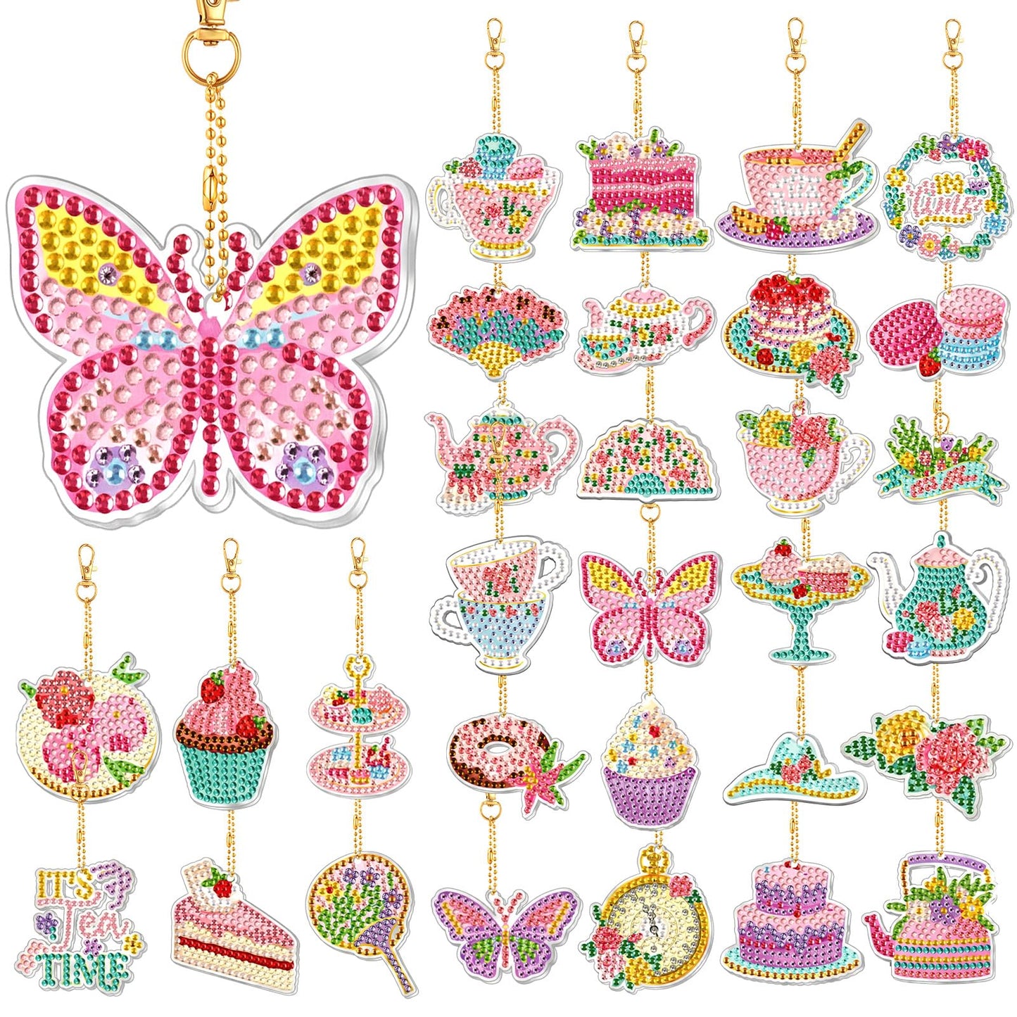 Huquary 30 Pcs Diamond Painting Keychains Tea Party Diamond Art Sets for Adult, Double Sided 5d Diamonds Hanging Keychains for Adult Beginner DIY Crafts Party Gift