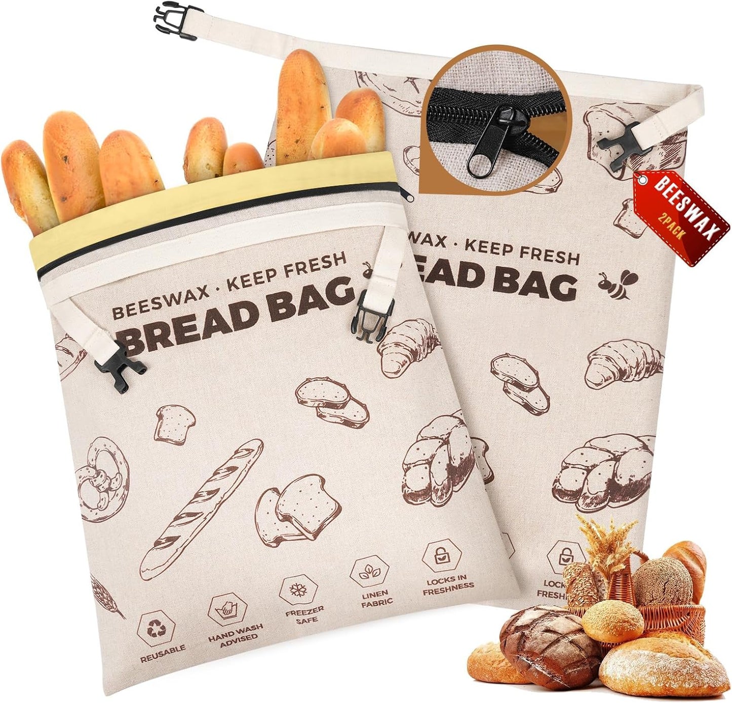17x13", 2 Pack) YARRAMATE Beeswax Bread Bags for Homemade Sourdough, Zipper Reusable Linen Food Storage Bags to Keep
