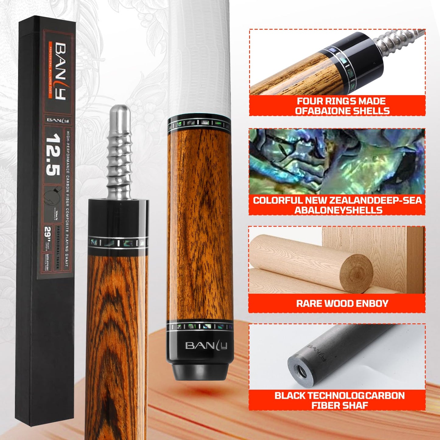 Banly Carbon Fiber Pool Cue - 12.5mm Time Crystal Tip, 58" Low Deflection Pool Sticks for Adults Professional Billiard Cue Sticks with Ebony Wood Butt