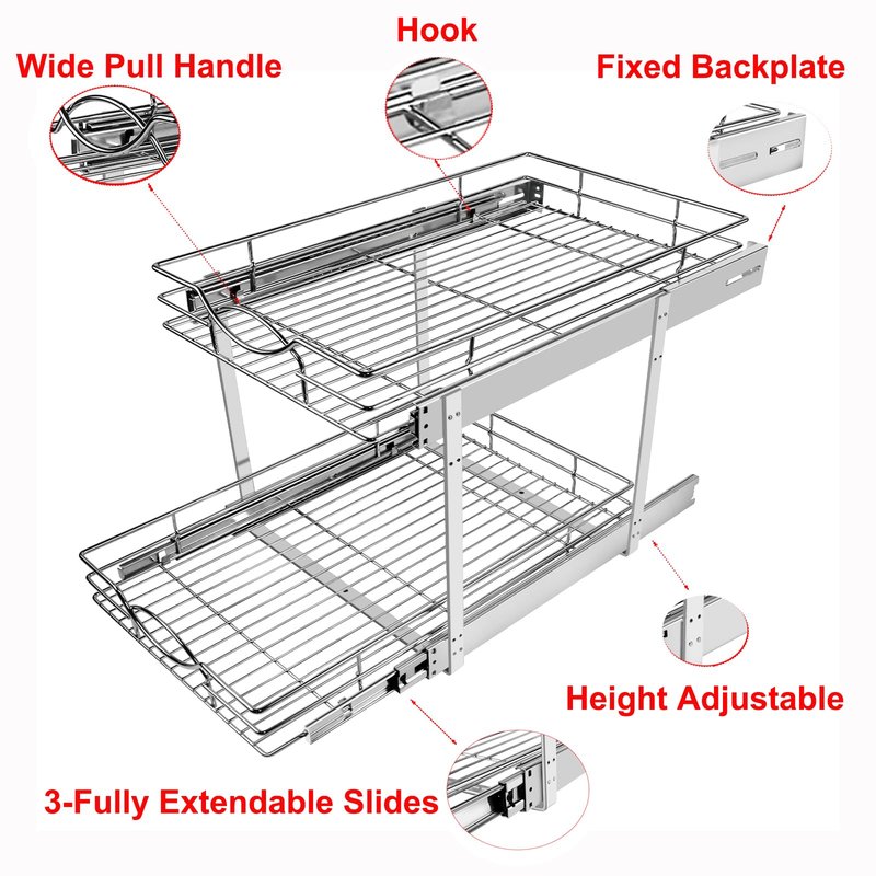 Sikarou Pull Out Cabinet Organizer 26" W x 21" D 2-Tier Individual Slide Out Drawer Pantry Shelf Storage for Kitchen Base Cabinet Organization for Kitchen, Bathroom, Pantry, Chrome
