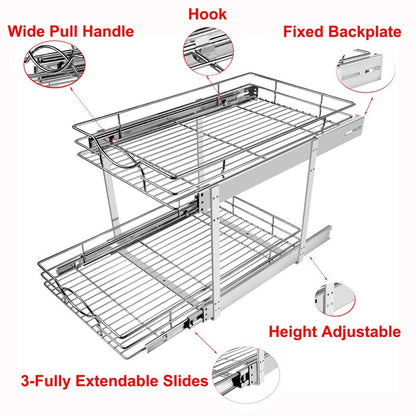 Sikarou Pull Out Cabinet Organizer 26" W x 21" D 2-Tier Individual Slide Out Drawer Pantry Shelf Storage for Kitchen Base Cabinet Organization for Kitchen, Bathroom, Pantry, Chrome