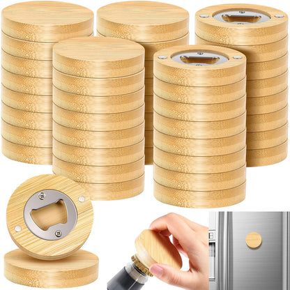Vesici 50 Pcs Magnetic Bottle Opener 2.5in DIY Bamboo Round Shape Beer Openers Wooden Fridge Magnet Refrigerator Sticker Gift for Beer Lover Wedding Guest Kitchens Bars Parties