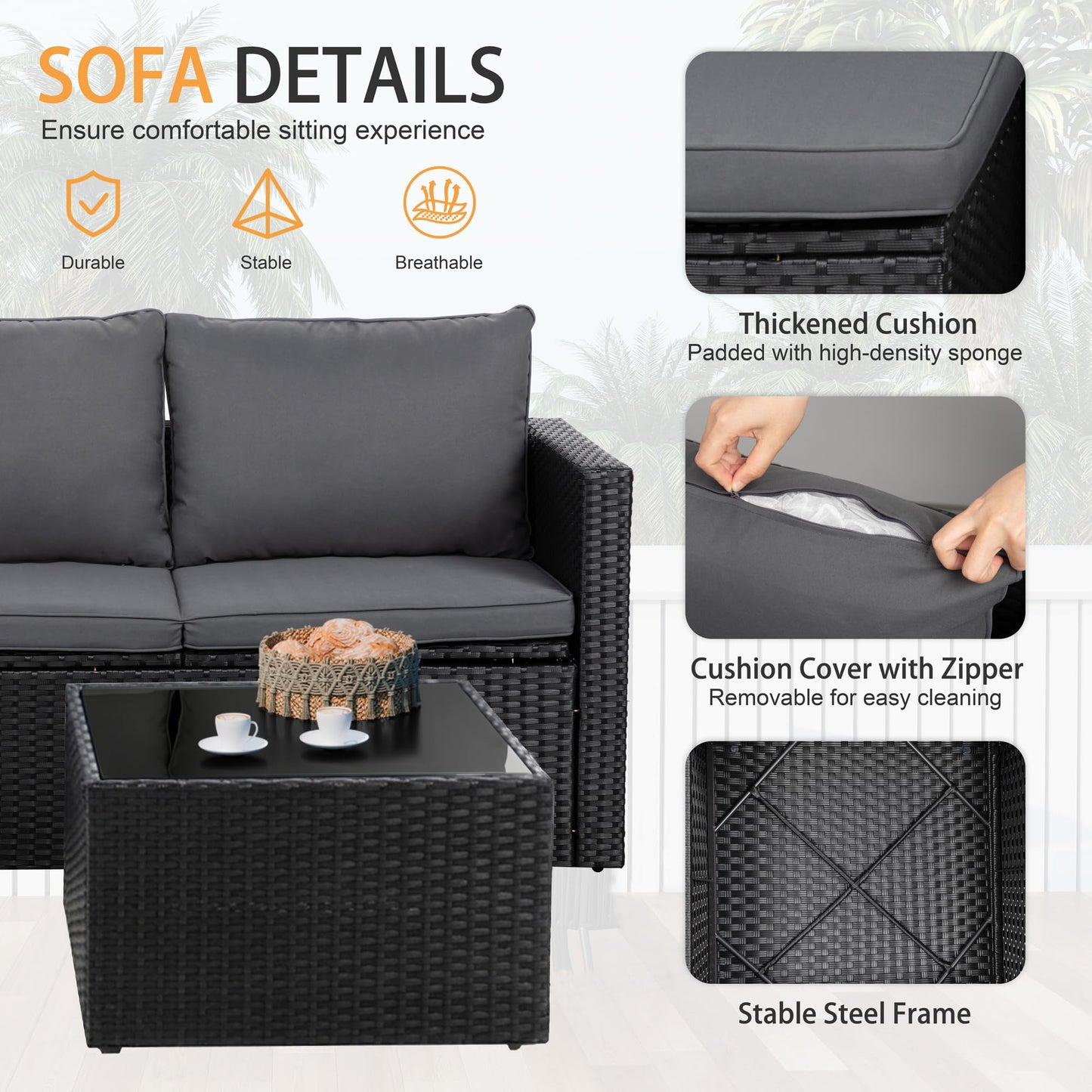 Shintenchi 4 Pieces Patio Furniture Sets, Outdoor Sofa Patio Sectional Sets All Weather, 2-in-1 Wicker Rattan Seating Sofa Couch with Cushions & Coffee Table for Yard, Garden, Porch, Poolside (Gray)