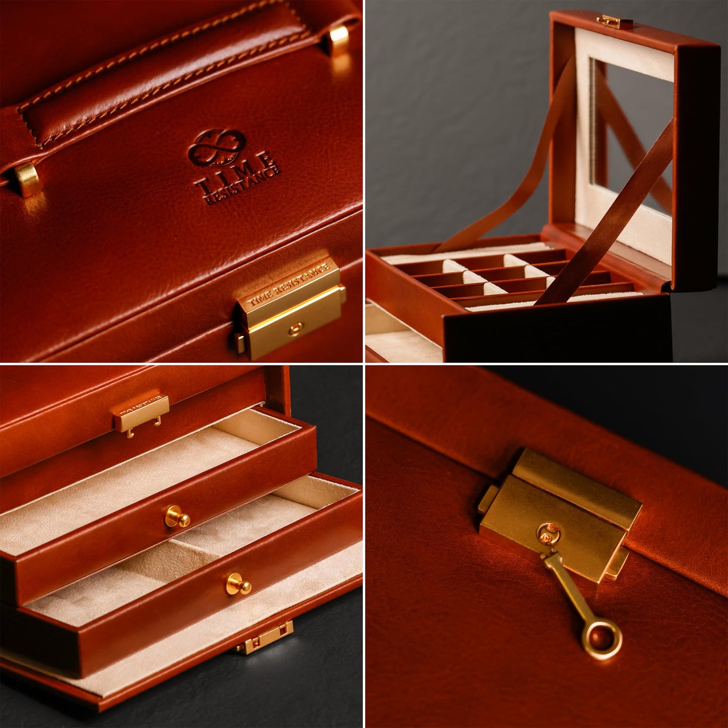 Time Resistance Jewelry Box - Full Grain Leather Jewellery Organizer - Accessories Storage - Key Lock Box for Women (Cognac Brown)