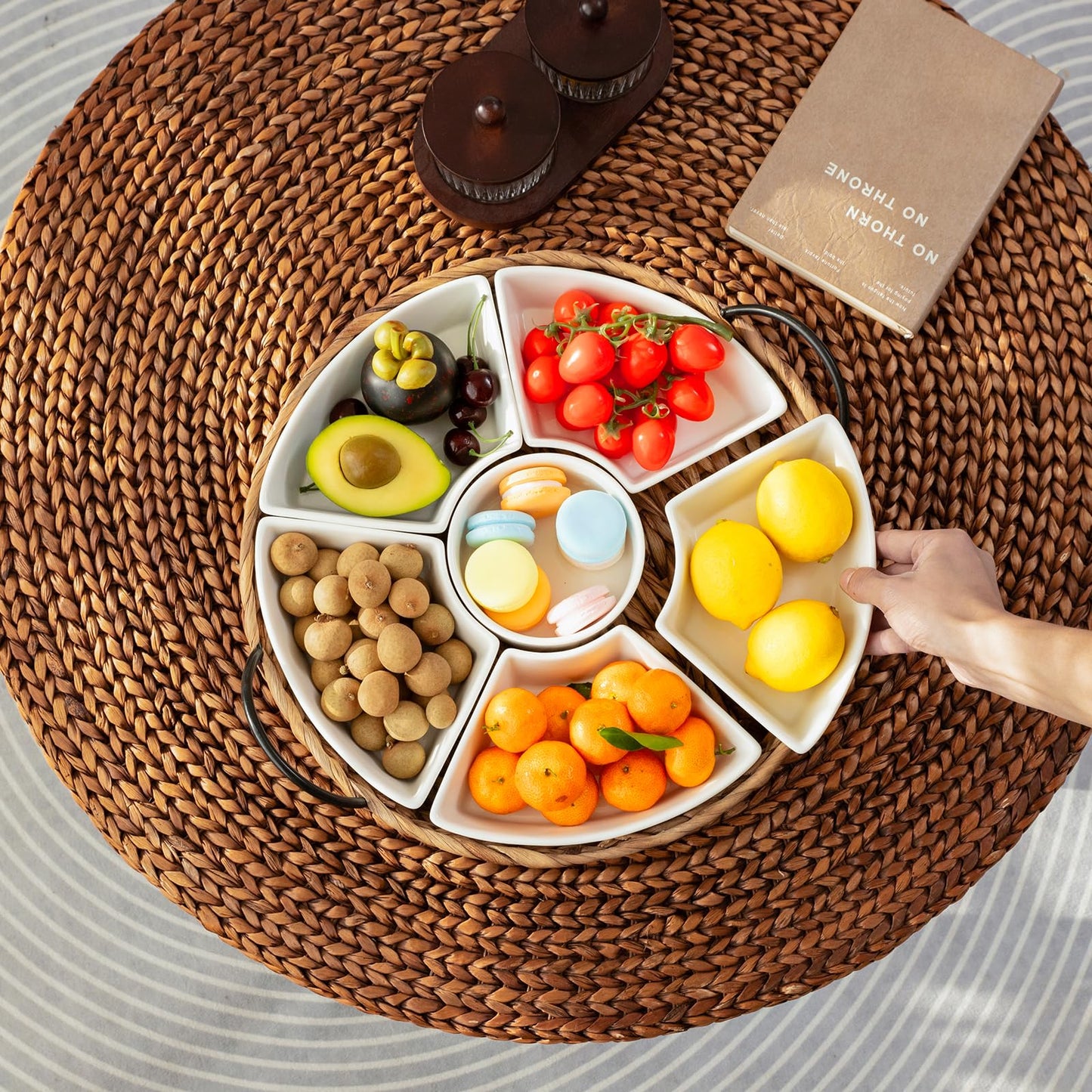 Serving Tray and Serving Dishes, RANDEFURN 7-Set Gold Platters for Parties,15.5 x 15.5 inches, Divided Serving Trays & Platters, Portable Handle,Gold