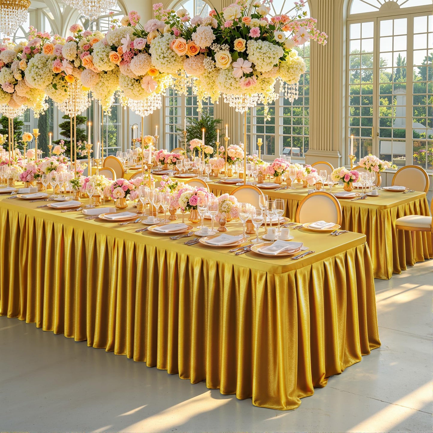 Dark Gold Satin Glitter Tablecloth for Rectangle Tables 6ft,Wrinkle Resistant Ruffles Shimmer Party Table Skirt,Washable 6FT Rectangle Table Cloth Skirt For Birthday,Baby Show,Party,Wedding,Banquet