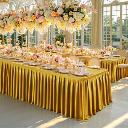 Dark Gold Satin Glitter Tablecloth for Rectangle Tables 6ft,Wrinkle Resistant Ruffles Shimmer Party Table Skirt,Washable 6FT Rectangle Table Cloth Skirt For Birthday,Baby Show,Party,Wedding,Banquet