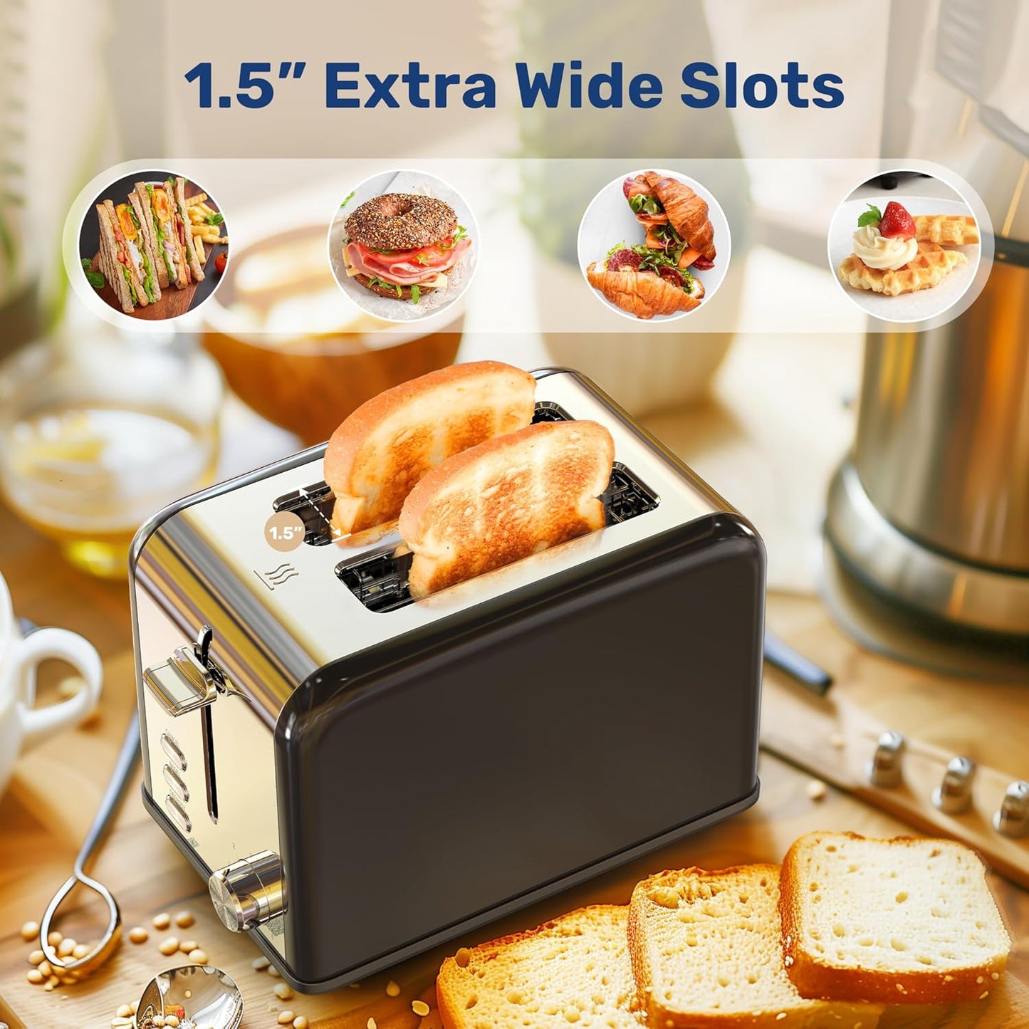 YSSOA Stainless Steel Toaster 2 Slice, Extra Wide Slot, Removable Crumb Tray, 6 Shade Settings, Compact Oven, Black