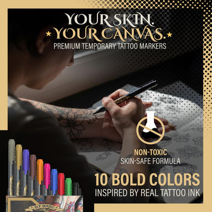 Tattoo Pen Kit for Skin – 10 Temporary Tattoo Markers with Dual Tips & 20 Stencils, Body-Safe Ink for Face, Hands & Arms – Fun Body Art Pens for Kids, Teens, Parties, Festivals & Costume Design
