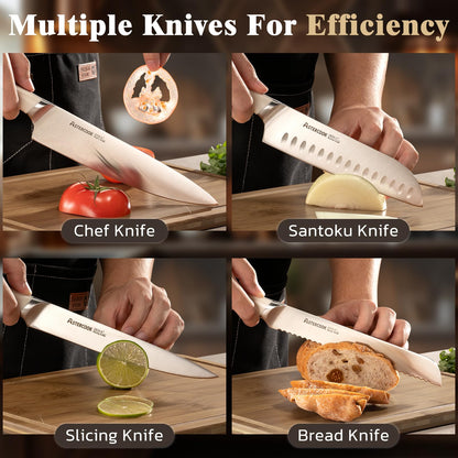 Astercook Knife Set Kitchen with Block and Sharpener Premium Full Tang 17 Pcs German Stainless Steel Knives Dishwasher Safe Kitchen Utensils Set with with and Anti-slip Ergonomic Handle, Cream White