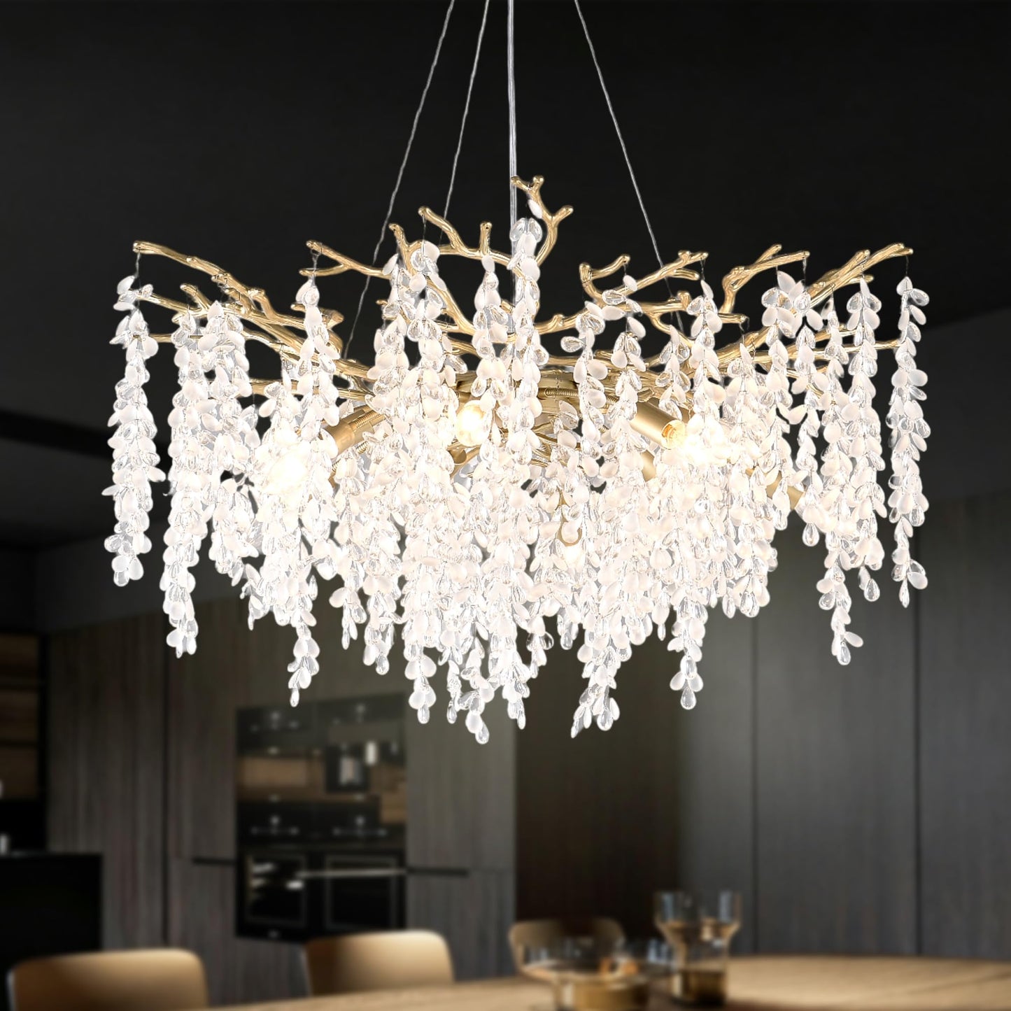 32 inch 10 Light Gold Crystal Chandelier, Grape-Shaped Sparkling Cluster Pendant Light, Easy DIY Installation, Adjustable Height Modern Luxury Ceiling Light for Dining Room Living Room Foyer Entryway