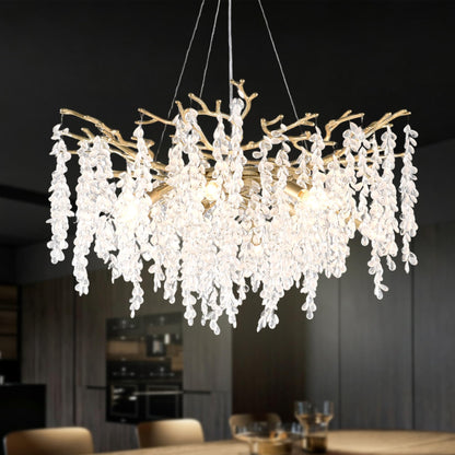 32 inch 10 Light Gold Crystal Chandelier, Grape-Shaped Sparkling Cluster Pendant Light, Easy DIY Installation, Adjustable Height Modern Luxury Ceiling Light for Dining Room Living Room Foyer Entryway