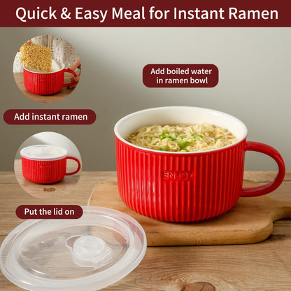 Seyatoo Soup Bowl with Handle, 5.6 inch Ceramic Soup Mug with Lid, Large Microwave Soup Cup Ramen Bowl for Oatmeal, Salad, Ramen and Instant Noodles, Red
