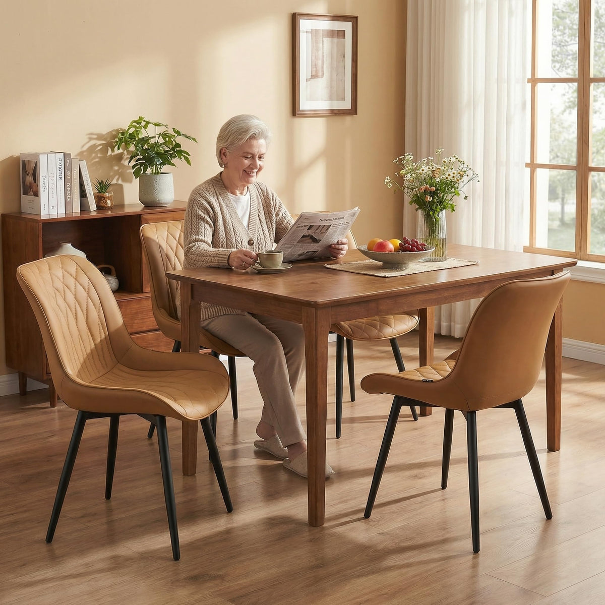 YOUNIKE Tan Faux Leather Dining Chairs Set of 2 Mid-Century Modern High Padded Back Comfy Upholstered Kitchen Chairs with Metal Legs Wide Seat Accent Side Chair for Dining/Living/Waiting Room