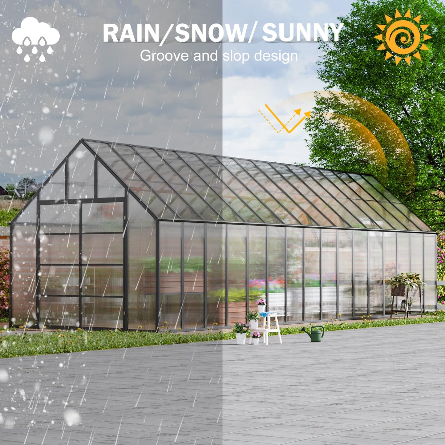 CDCASA 10x32 FT Greenhouse for Outdoors,Large Easy Assembly Thicker Aluminum Polycarbonate Greenhouses w/7 Windows, Double Doors, Walk-in Green House for Outside,Patio,Backyard,Garden
