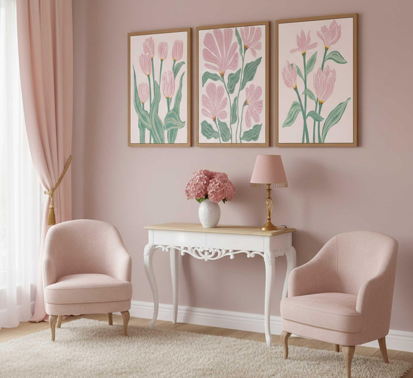 3 Pcs Pink Tulips Flowers Canvas Wall Art Boho Pink and Green Abstract Floral Botanical Paintings Pictures Wall Decor Poster Print Artwork for Living Room Bedroom Home Decoration Unframed