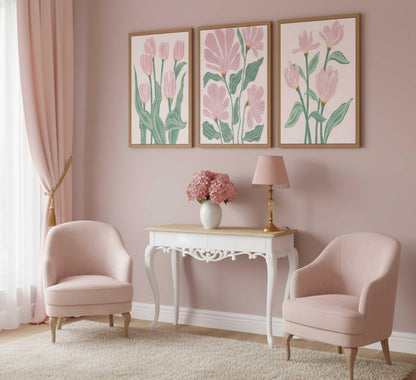 3 Pcs Pink Tulips Flowers Canvas Wall Art Boho Pink and Green Abstract Floral Botanical Paintings Pictures Wall Decor Poster Print Artwork for Living Room Bedroom Home Decoration Unframed