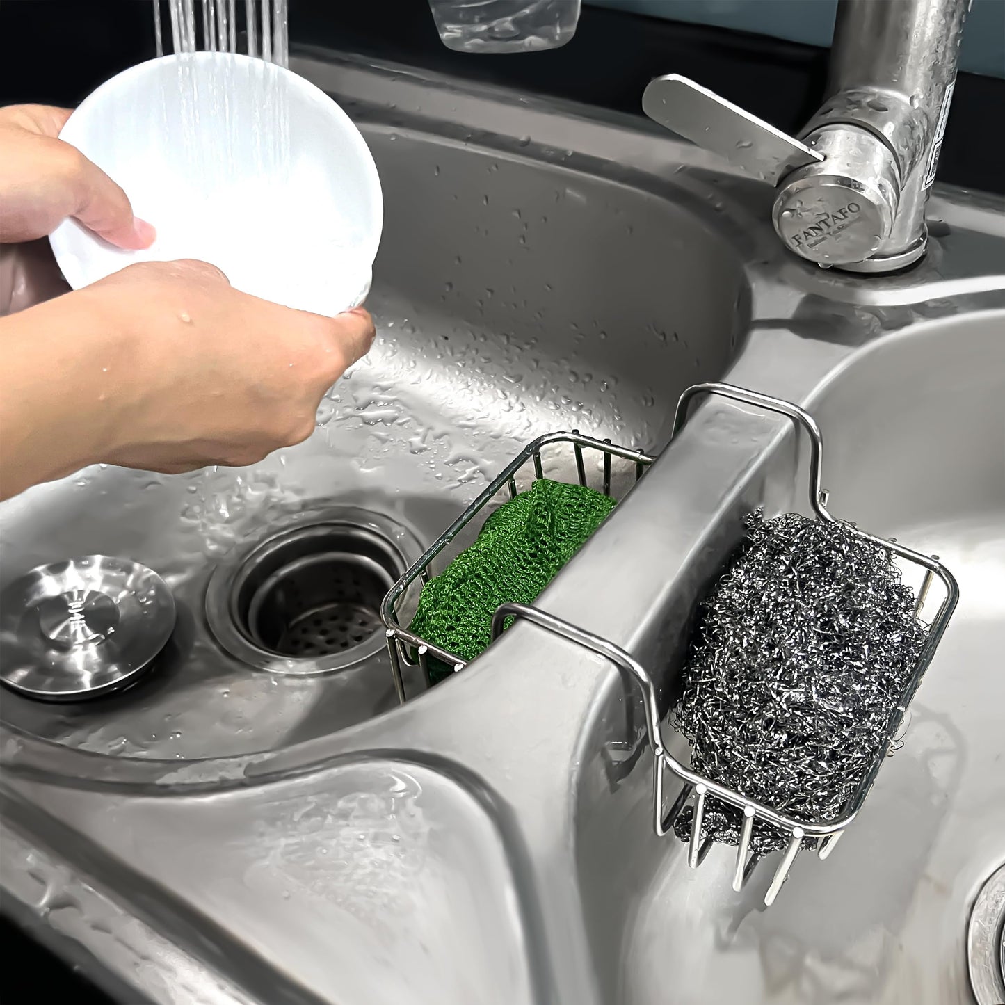 BuleVina Stainless Steel Sponge Holder for Kitchen Sink - Never Rust Hanging Saddle Double for Soap Kitchen Sink Caddy 2.2 inch, Rustproof Organizer for Dishwashing and Brush Drying