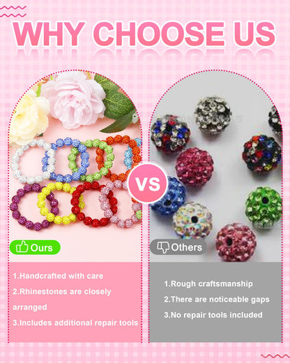 120PCS FIVEIZERO Rhinestone Beads for Jewelry Making, 10mm Dark Pink Shiny Round Sparkle Crystal Clay Beads Bulk Sparkly Baseball Necklace Bead for Bracelets and DIY Crafts