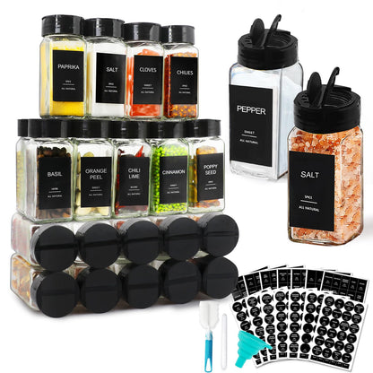 AISIPRIN 24 Pcs Glass Spice Jars with 398 Labels, 4oz Empty Square Spice Containers Seasoning Bottles - Shaker Lids, Funnel, Brush and Marker Included(Black Metal Caps)