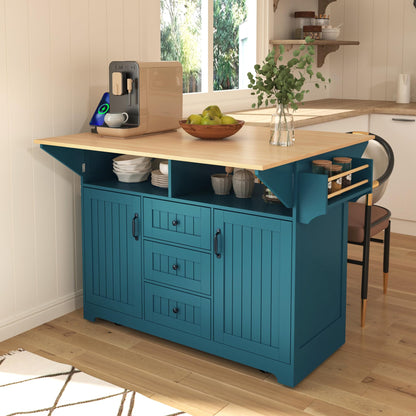 Ball & Cast Large Green Rectangular Kitchen Island with 2 Drop Leaf, 3 Drawers, 2 Doors, Folding Storage Dining Table, Spice & Towel Rack, Power Outlet & USB Port, 5 Wheels, 55.7"W x 34"D x 36.5"H