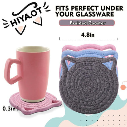 Cute Coasters for Drinks Set of 2, Absorbent Handmade Fabric Drink Coasters for Coffee & Tea -Home Décor Extra Large 4.8 in* 8mm, Protect The Wooden Table Surface (2 Pack-Cat-Ash Gray)